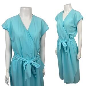 Vintage 1970s Blue Sleeveless Goddess Wrap Midi Dress / Women’s Large
